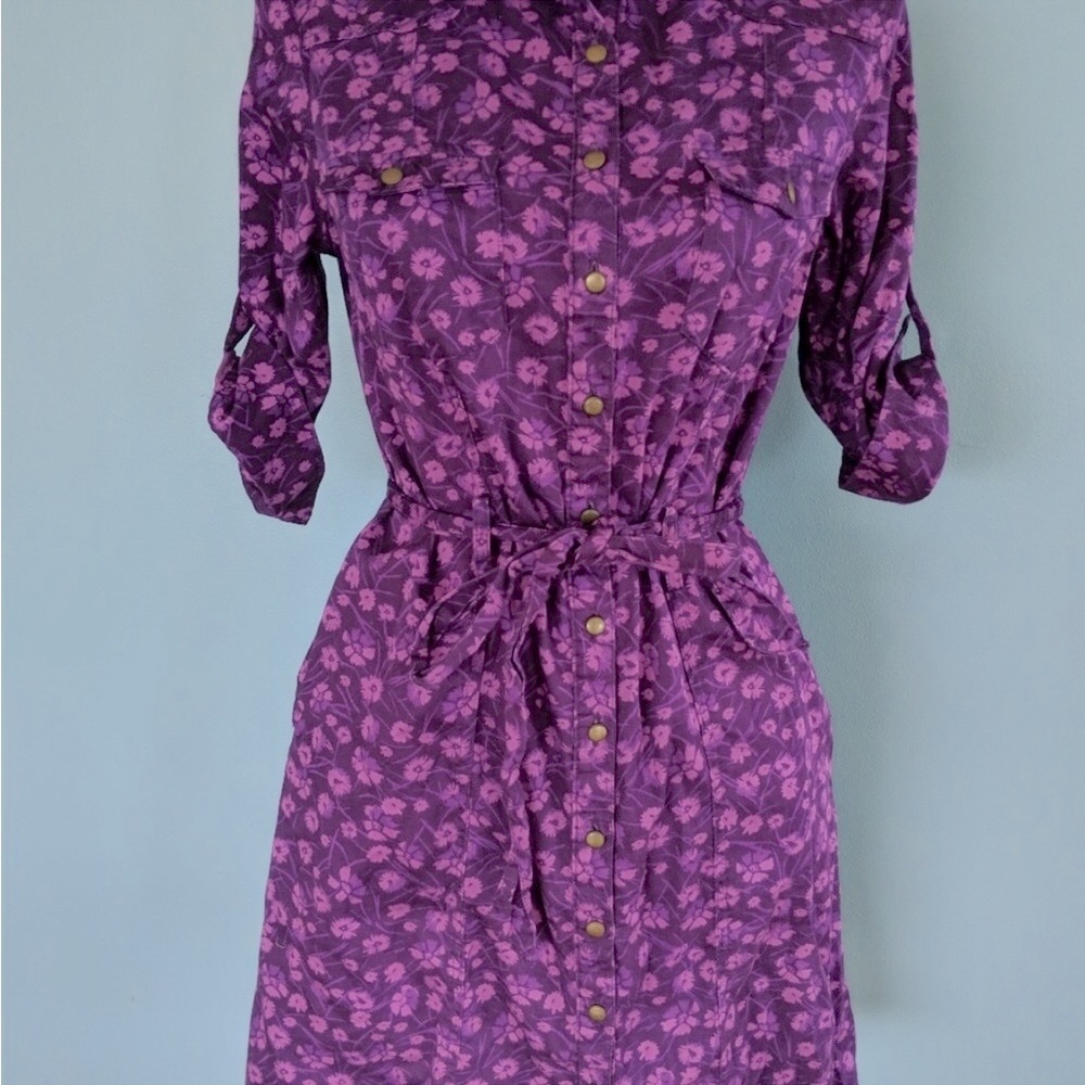NWOT Merona Purple Floral 3/4 Sleeve Belted Shirt Dress with Pockets, Size L - Picture 5 of 14
